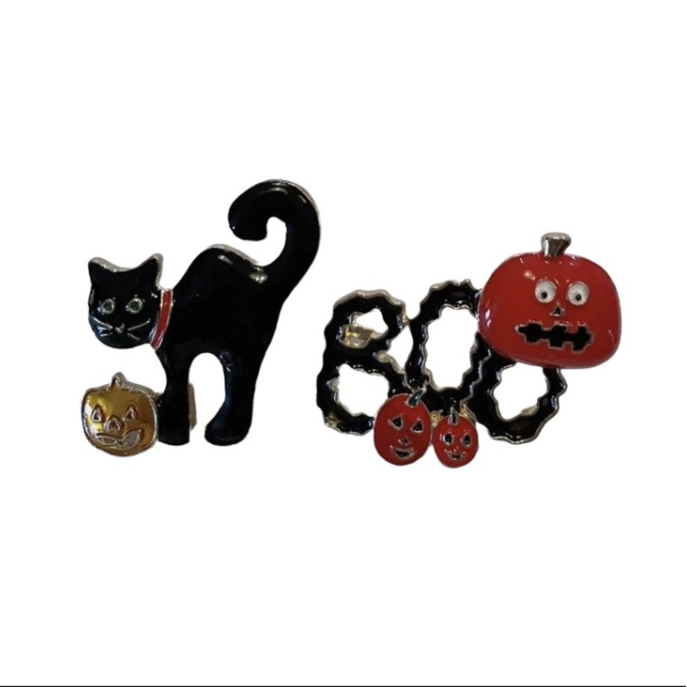 Cute Vintage Halloween Black Cat and Pumpkin Pins set of two